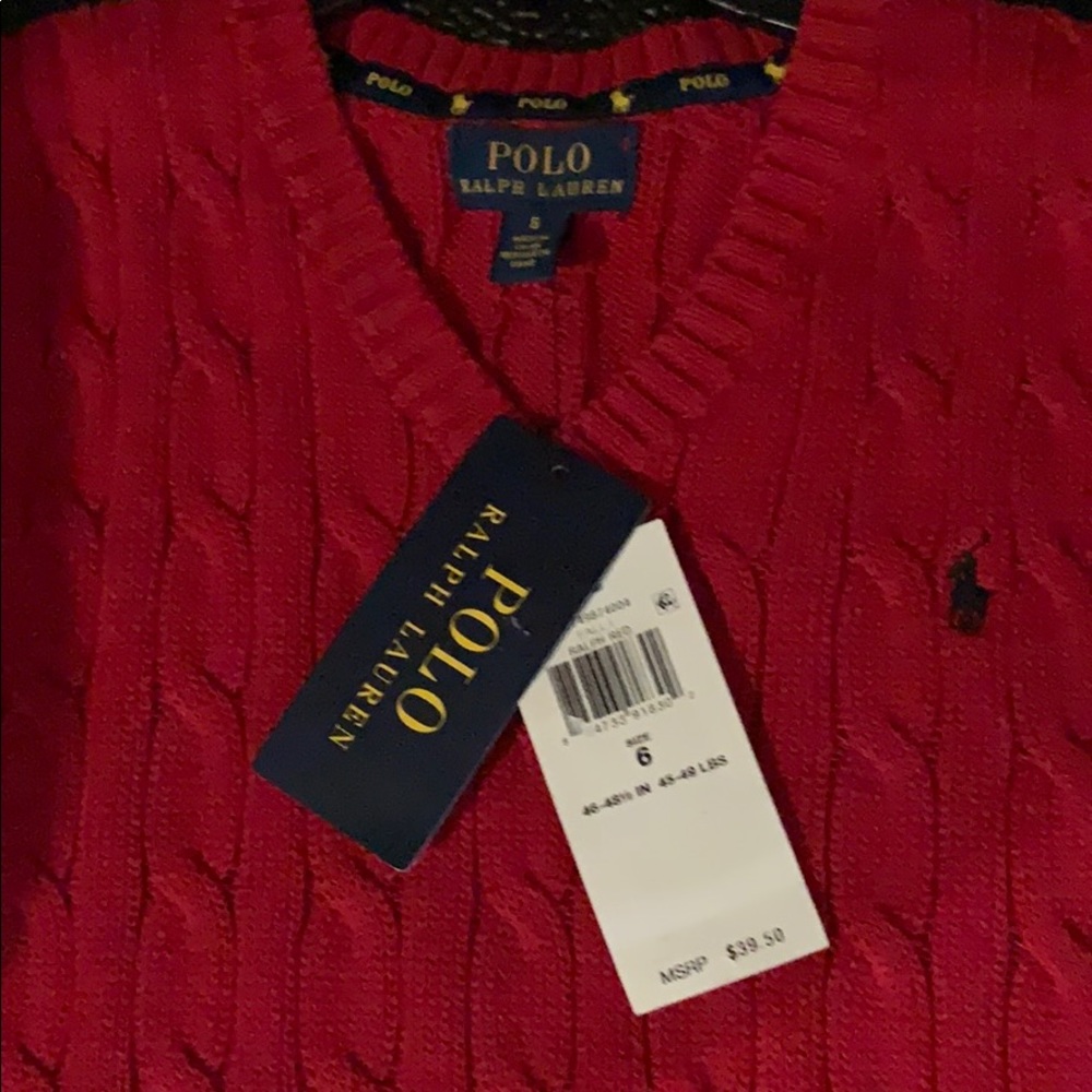 Polo Red Cotton Cable-Knit V Neck Logo Sweater Vest